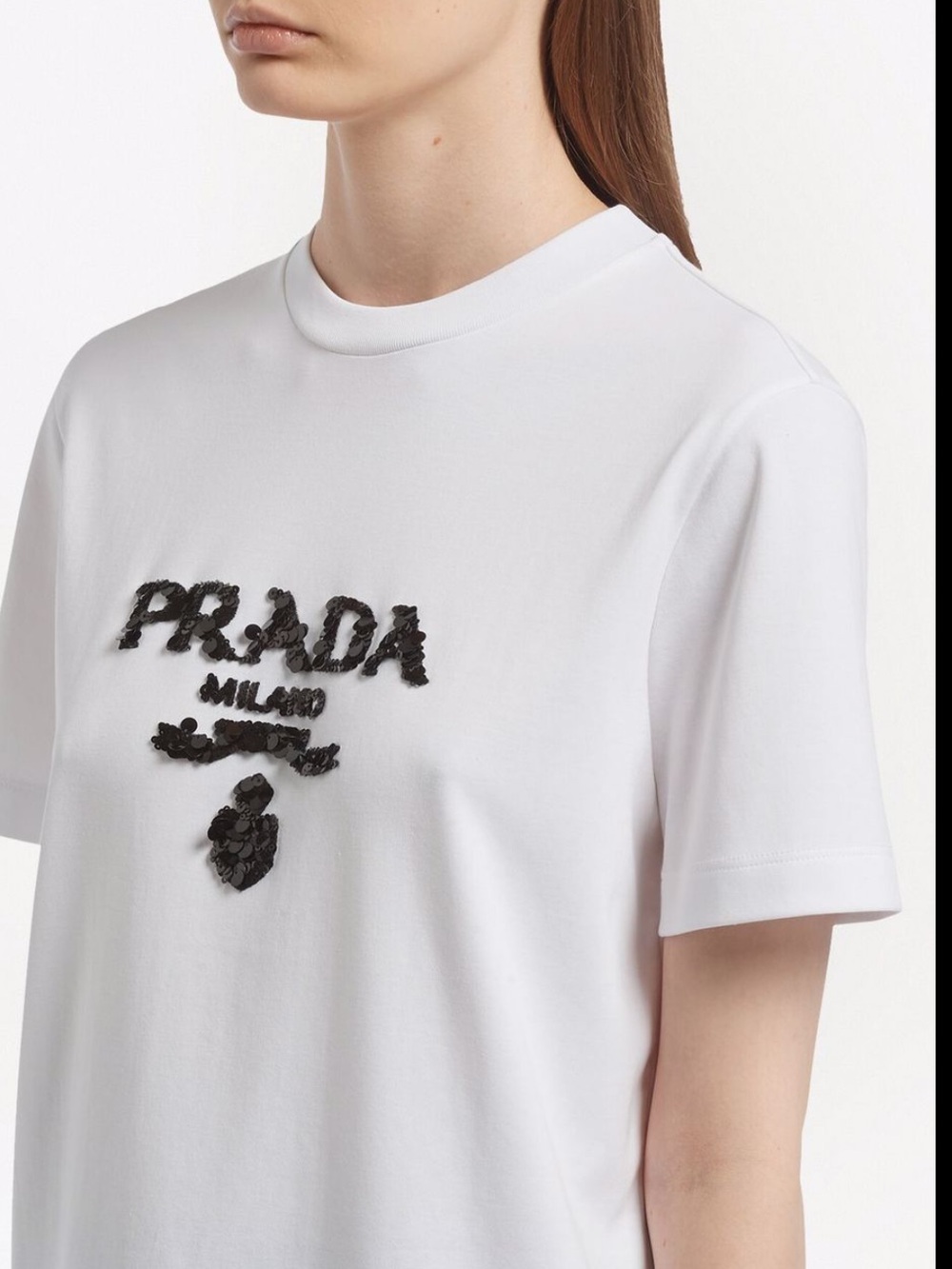 Prada White Tee with Black Sequin Logo